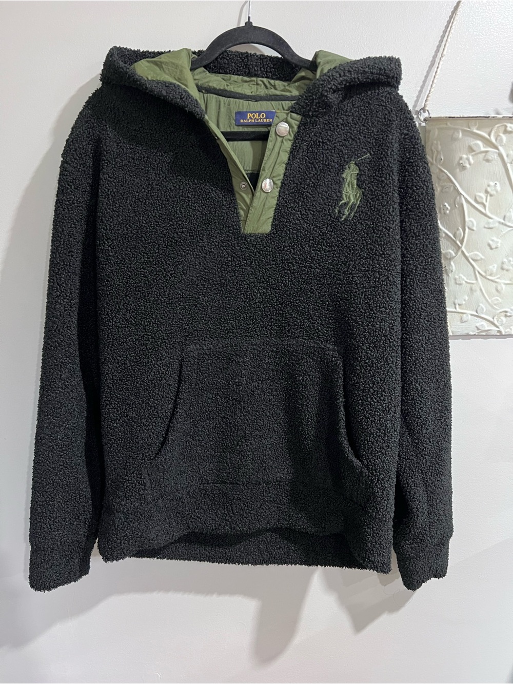 POLO RALPH LAUREN Black & Green Sherpa Fleece Pullover Hoodie Kangaroo Pocket